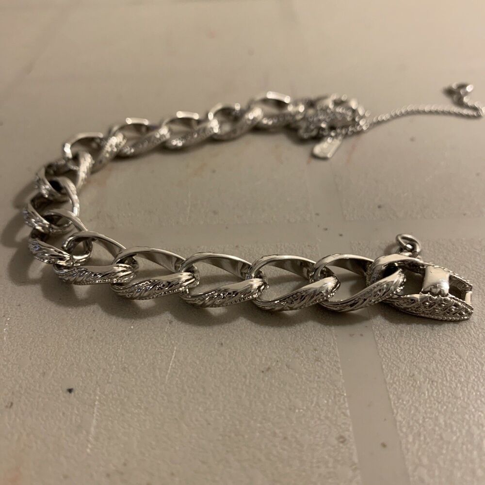Vintage MONET Charm Fashion Bracelet Silver Tone Textured Safety Chain 7.5”